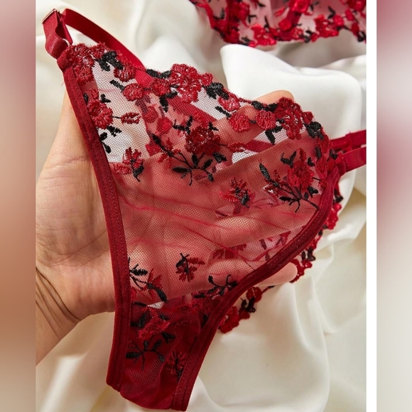NEW Baddie Floral Embroidered Coquette Sexy Red Lace Lingerie Summer Set - Picture 3 of 5
